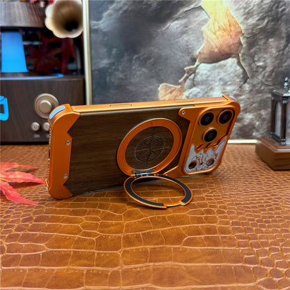 For iPhone 17 Pro Max Frameless Case Magnetic Kickstand Horse Pattern Walnut Wood Shockproof Phone Cover
