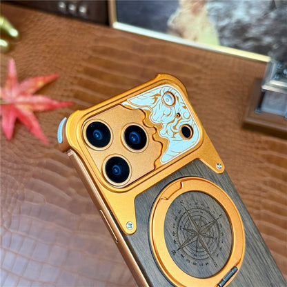 For iPhone 17 Pro Max Frameless Case Magnetic Kickstand Horse Pattern Walnut Wood Shockproof Phone Cover