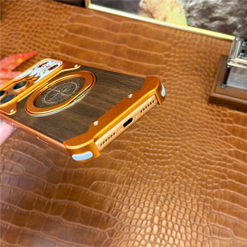 For iPhone 17 Pro Max Frameless Case Magnetic Kickstand Horse Pattern Walnut Wood Shockproof Phone Cover