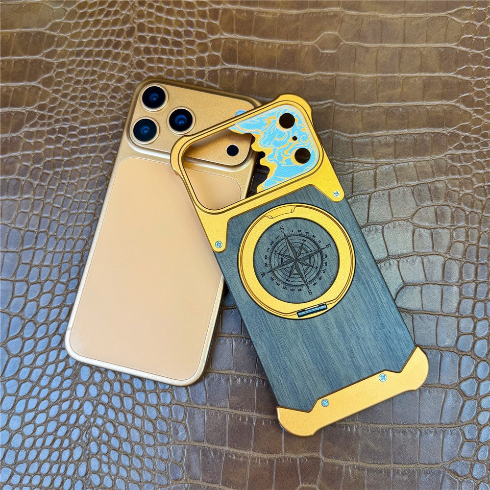 For iPhone 17 Pro Max Frameless Case Magnetic Kickstand Horse Pattern Walnut Wood Shockproof Phone Cover