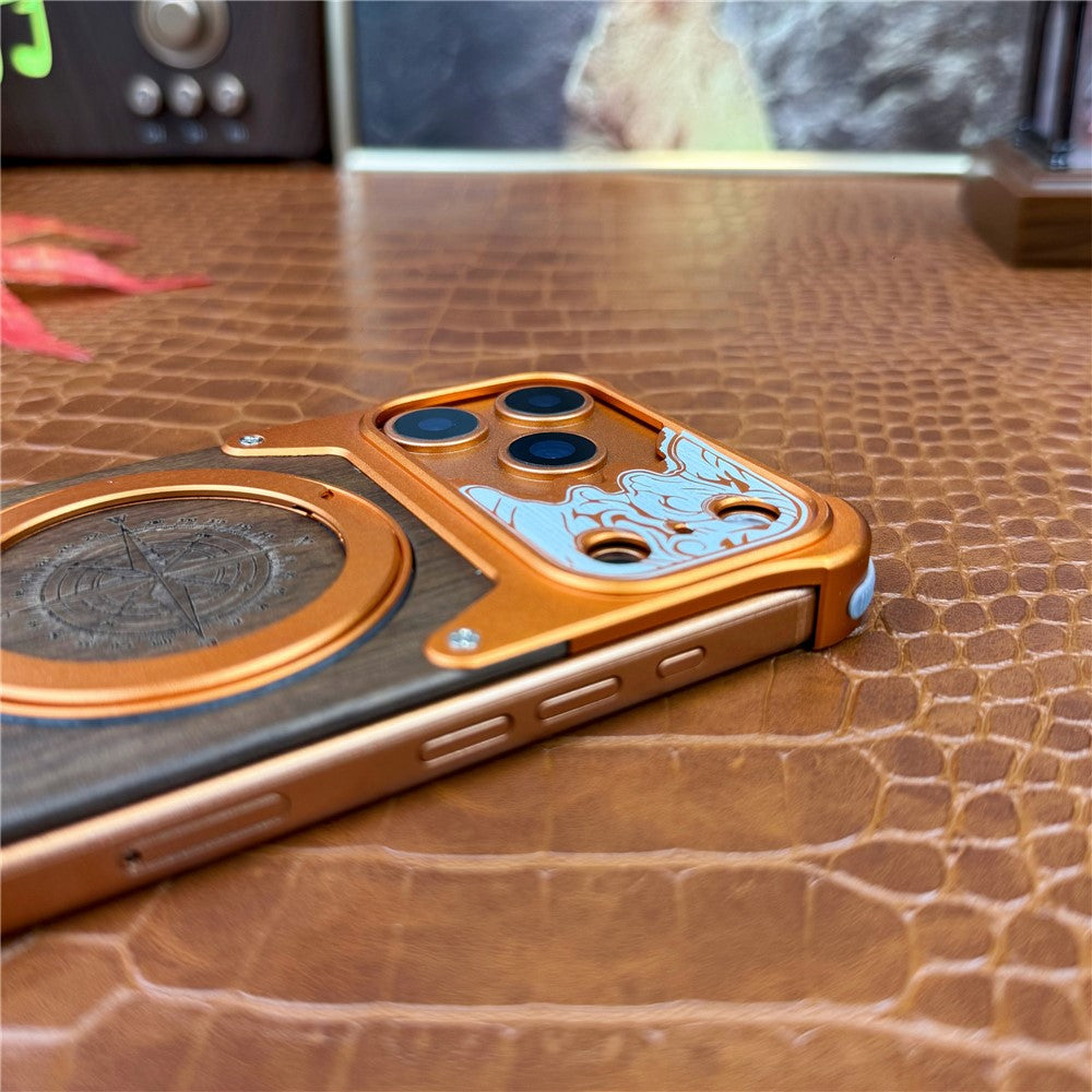 For iPhone 17 Pro Max Frameless Case Magnetic Kickstand Horse Pattern Walnut Wood Shockproof Phone Cover
