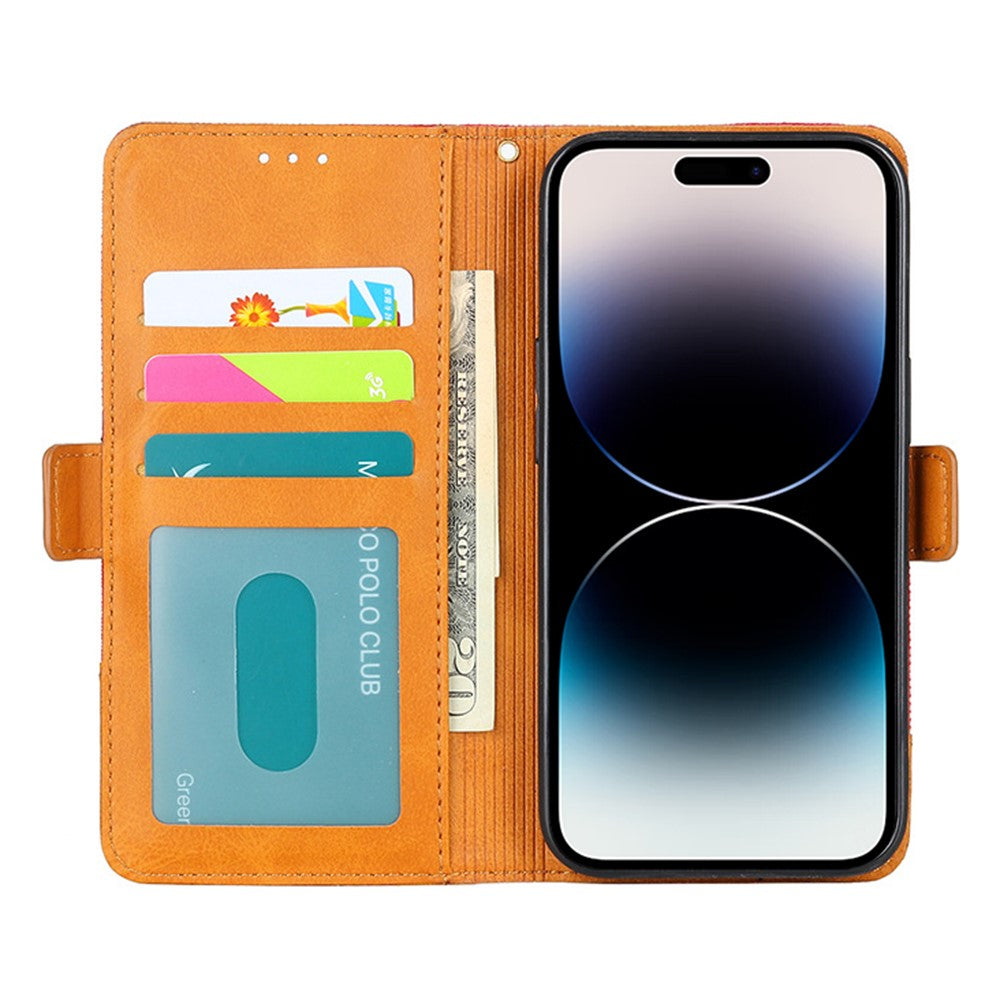Bi-color Design Phone Stand Case Bag for iPhone 14 Pro Max, Anti-scratch Canvas+PU Leather+TPU Magnetic Clasp Wallet Cover