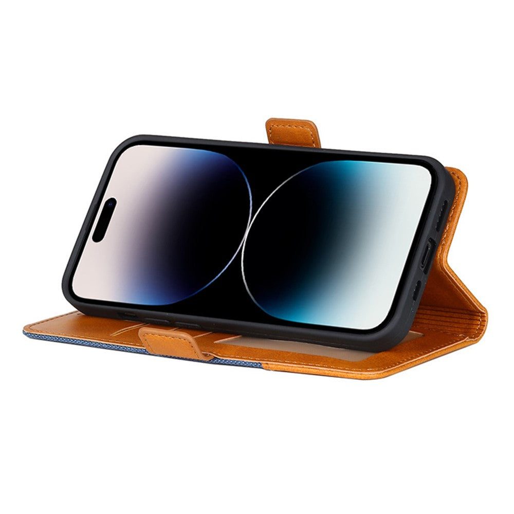 Bi-color Design Phone Stand Case Bag for iPhone 14 Pro Max, Anti-scratch Canvas+PU Leather+TPU Magnetic Clasp Wallet Cover