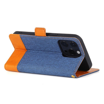 Bi-color Design Phone Stand Case Bag for iPhone 14 Pro Max, Anti-scratch Canvas+PU Leather+TPU Magnetic Clasp Wallet Cover