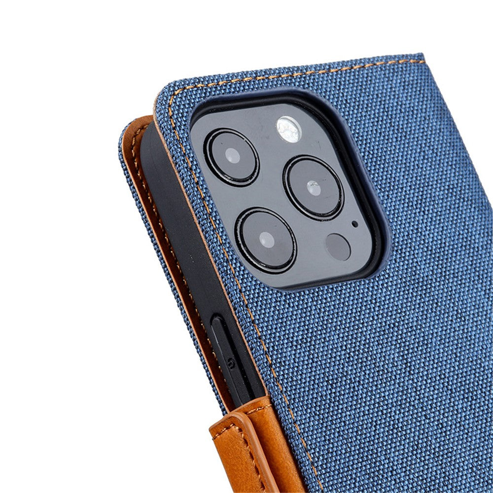 Bi-color Design Phone Stand Case Bag for iPhone 14 Pro Max, Anti-scratch Canvas+PU Leather+TPU Magnetic Clasp Wallet Cover