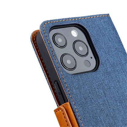 Bi-color Design Phone Stand Case Bag for iPhone 14 Pro Max, Anti-scratch Canvas+PU Leather+TPU Magnetic Clasp Wallet Cover