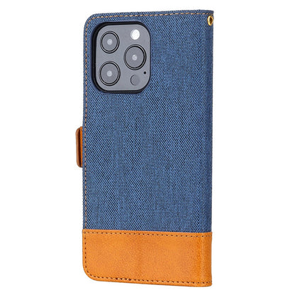 Bi-color Design Phone Stand Case Bag for iPhone 14 Pro Max, Anti-scratch Canvas+PU Leather+TPU Magnetic Clasp Wallet Cover