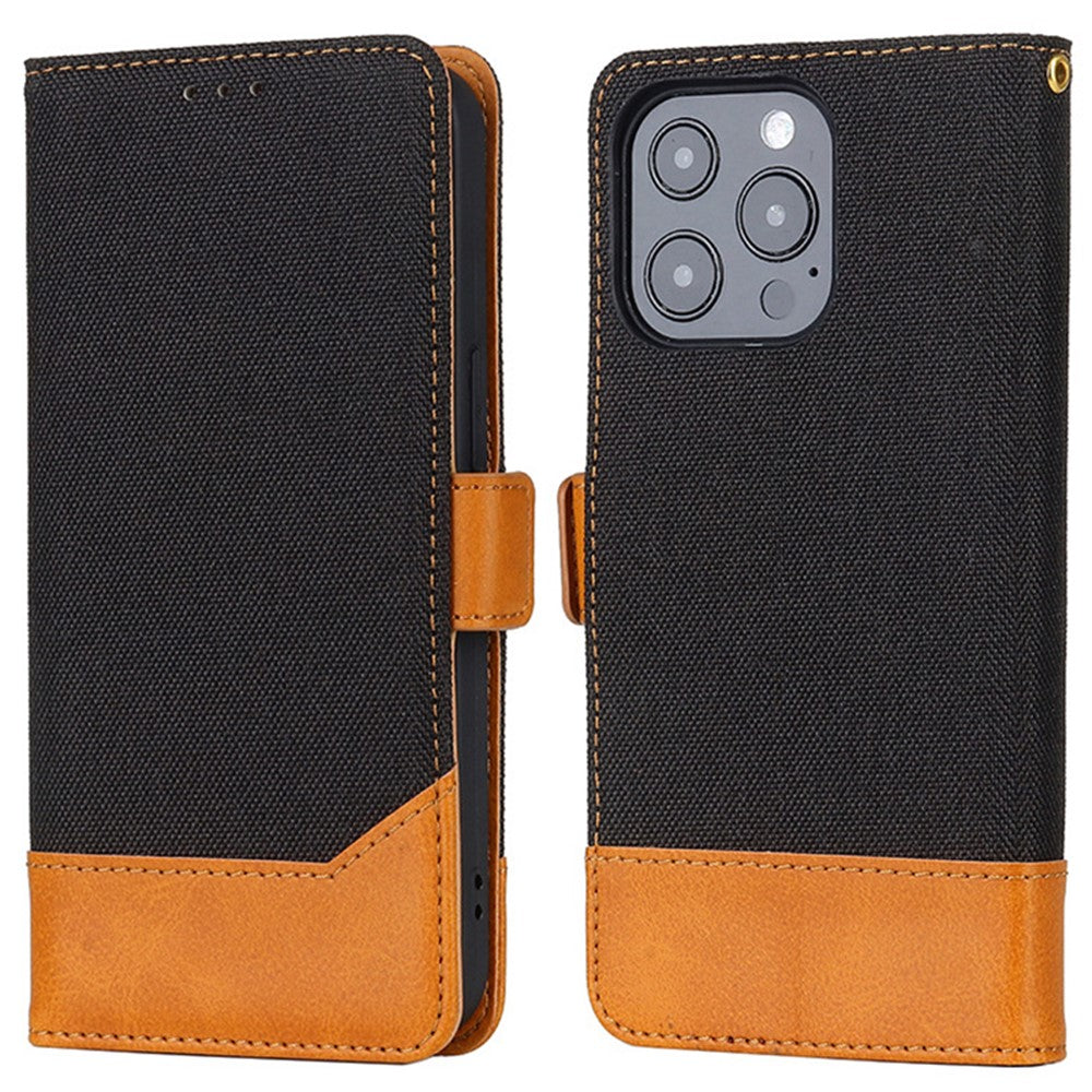 Bi-color Design Phone Stand Case Bag for iPhone 14 Pro Max, Anti-scratch Canvas+PU Leather+TPU Magnetic Clasp Wallet Cover