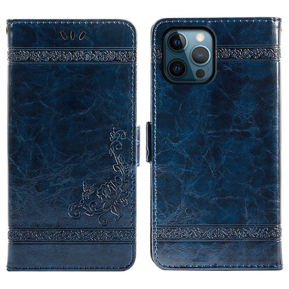 For iPhone 14 Pro Max Wallet Phone Case Waxy Texture Imprinted Flower Anti-Scratch Folio Cover PU Leather Stand Shell