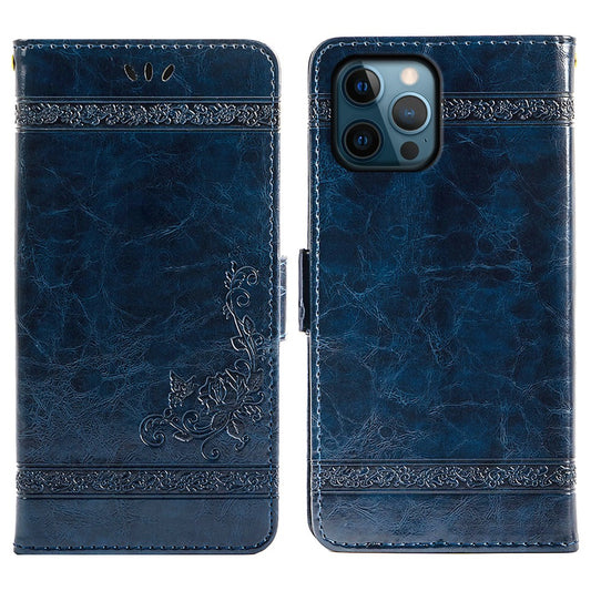 For iPhone 14 Pro Max Wallet Phone Case Waxy Texture Imprinted Flower Anti-Scratch Folio Cover PU Leather Stand Shell