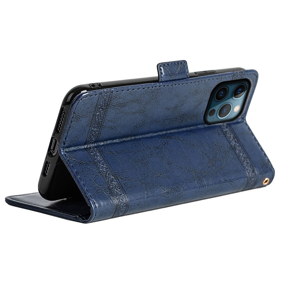 For iPhone 14 Pro Max Wallet Phone Case Waxy Texture Imprinted Flower Anti-Scratch Folio Cover PU Leather Stand Shell