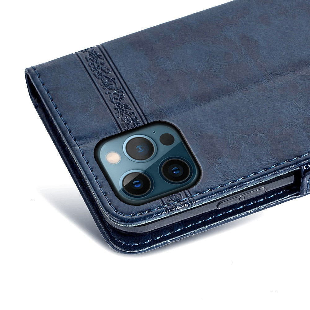 For iPhone 14 Pro Max Wallet Phone Case Waxy Texture Imprinted Flower Anti-Scratch Folio Cover PU Leather Stand Shell