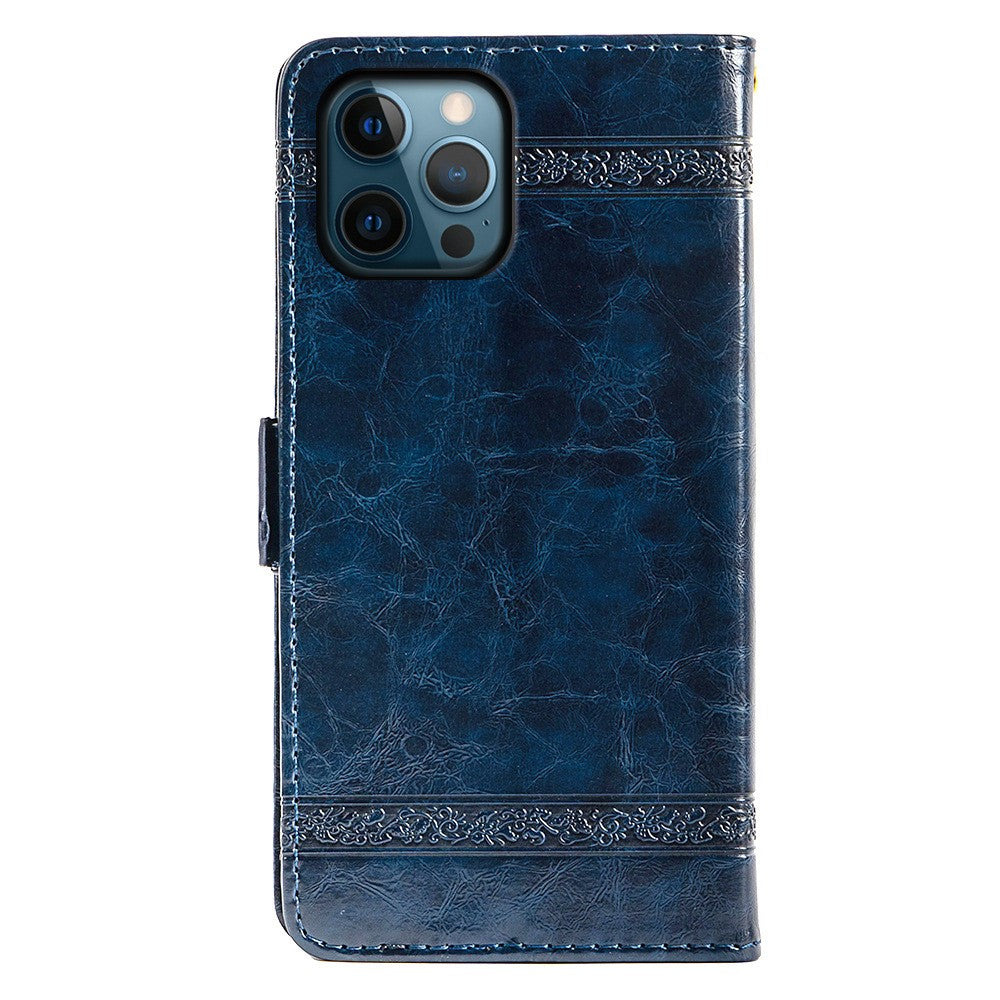 For iPhone 14 Pro Max Wallet Phone Case Waxy Texture Imprinted Flower Anti-Scratch Folio Cover PU Leather Stand Shell
