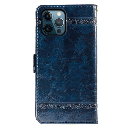For iPhone 14 Pro Max Wallet Phone Case Waxy Texture Imprinted Flower Anti-Scratch Folio Cover PU Leather Stand Shell