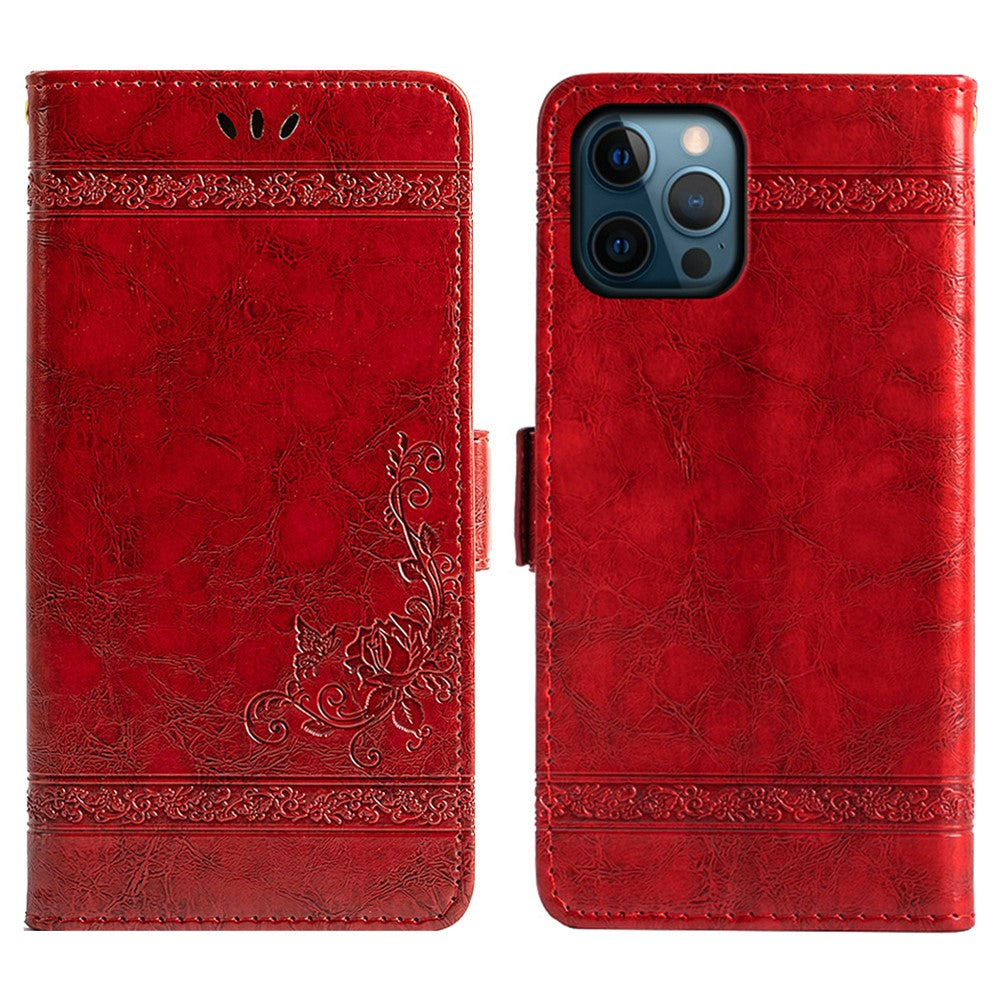 For iPhone 14 Pro Max Wallet Phone Case Waxy Texture Imprinted Flower Anti-Scratch Folio Cover PU Leather Stand Shell