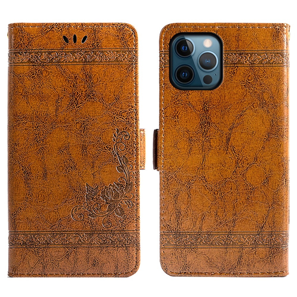 For iPhone 14 Pro Max Wallet Phone Case Waxy Texture Imprinted Flower Anti-Scratch Folio Cover PU Leather Stand Shell