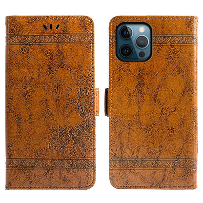 For iPhone 14 Pro Max Wallet Phone Case Waxy Texture Imprinted Flower Anti-Scratch Folio Cover PU Leather Stand Shell