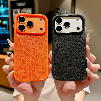 For iPhone 17 Pro Case Textured Genuine Cow Leather + PC + TPU Protective Cover