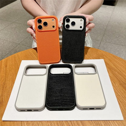 For iPhone 17 Pro Case Textured Genuine Cow Leather + PC + TPU Protective Cover