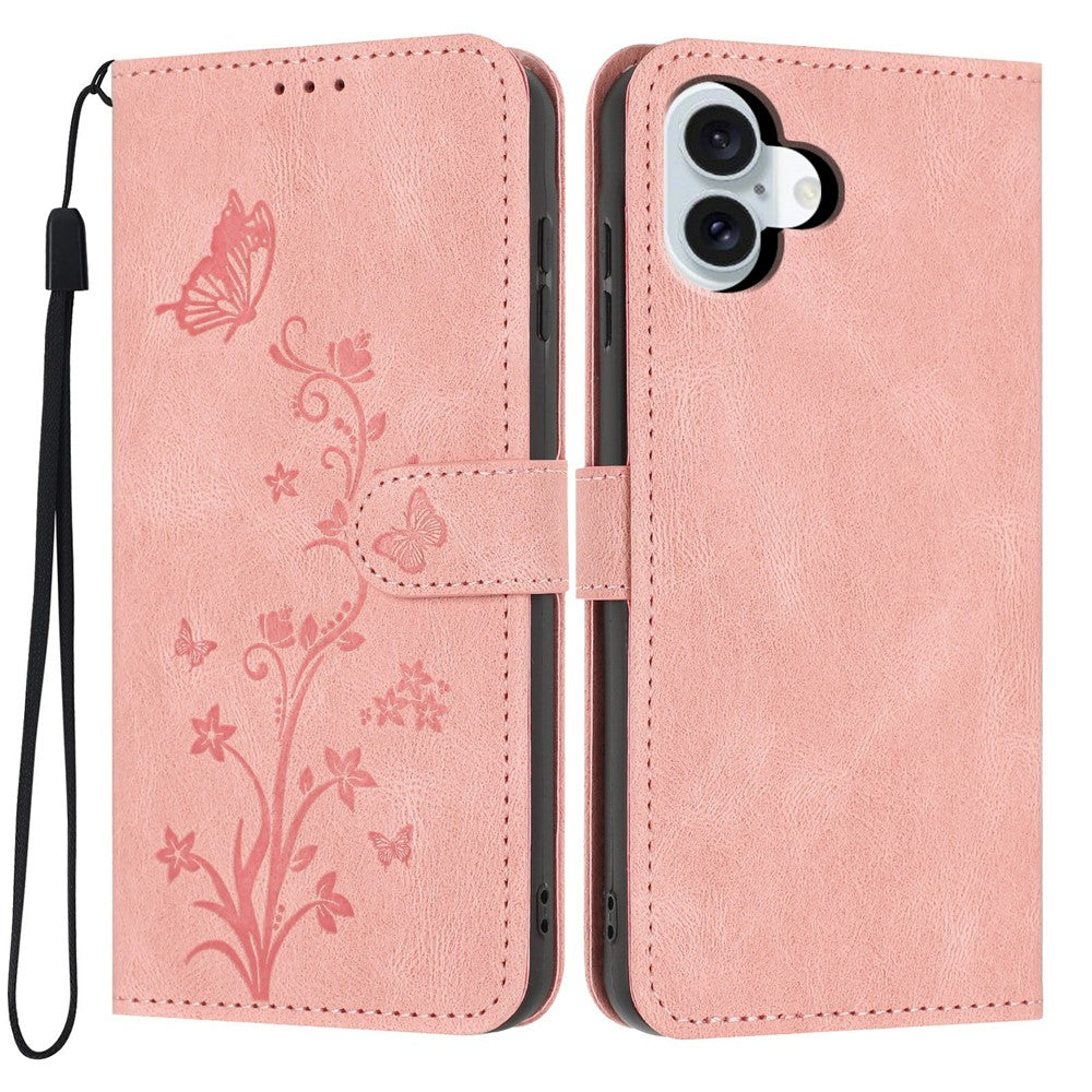 For iPhone 17 Wallet Case Butterfly Flower Imprint PU Leather Phone Cover with Wrist Strap