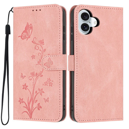 For iPhone 17 Wallet Case Butterfly Flower Imprint PU Leather Phone Cover with Wrist Strap