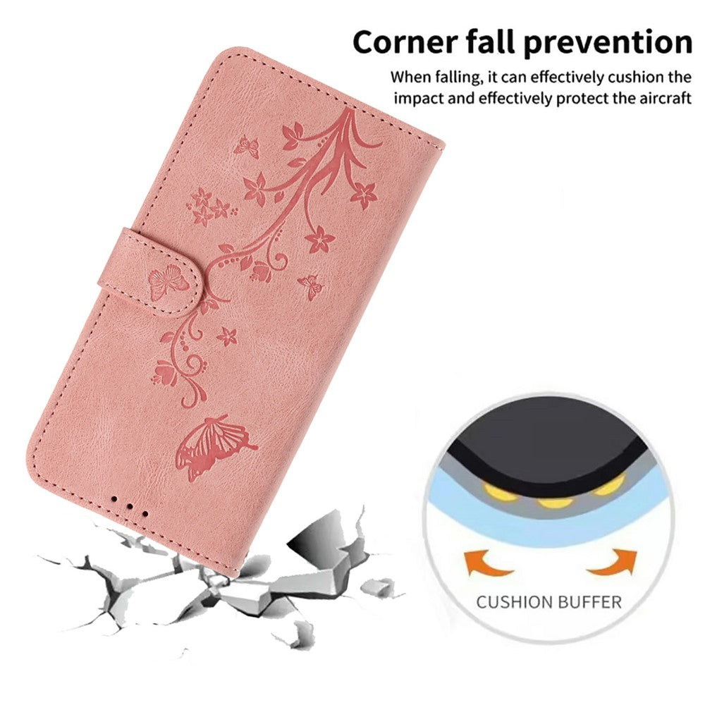 For iPhone 17 Wallet Case Butterfly Flower Imprint PU Leather Phone Cover with Wrist Strap