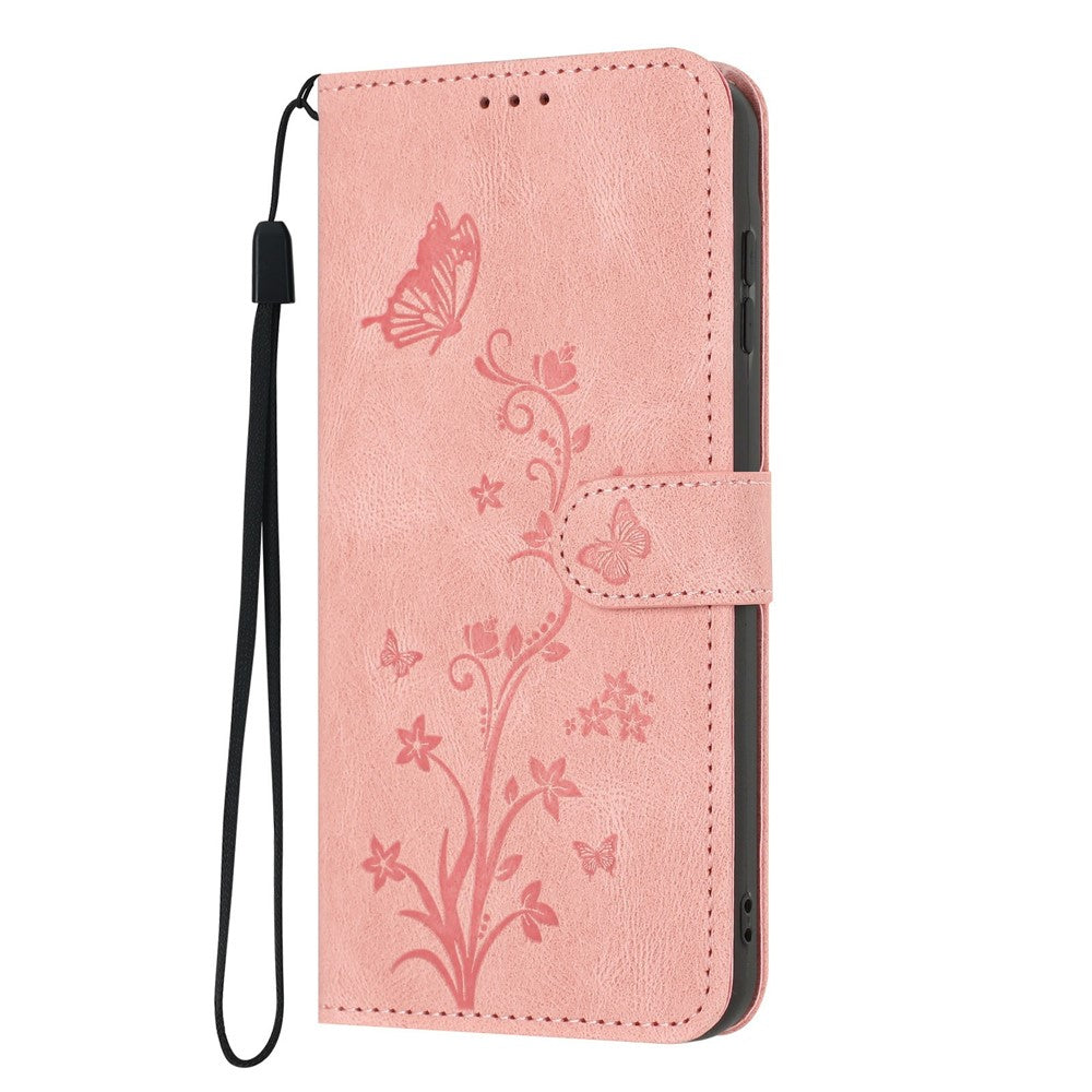 For iPhone 17 Wallet Case Butterfly Flower Imprint PU Leather Phone Cover with Wrist Strap