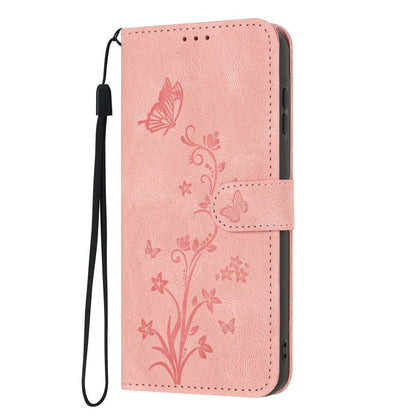 For iPhone 17 Wallet Case Butterfly Flower Imprint PU Leather Phone Cover with Wrist Strap