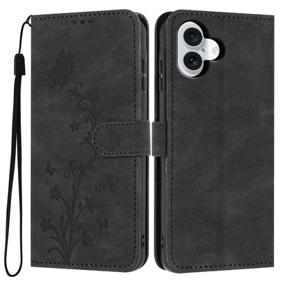 For iPhone 17 Wallet Case Butterfly Flower Imprint PU Leather Phone Cover with Wrist Strap
