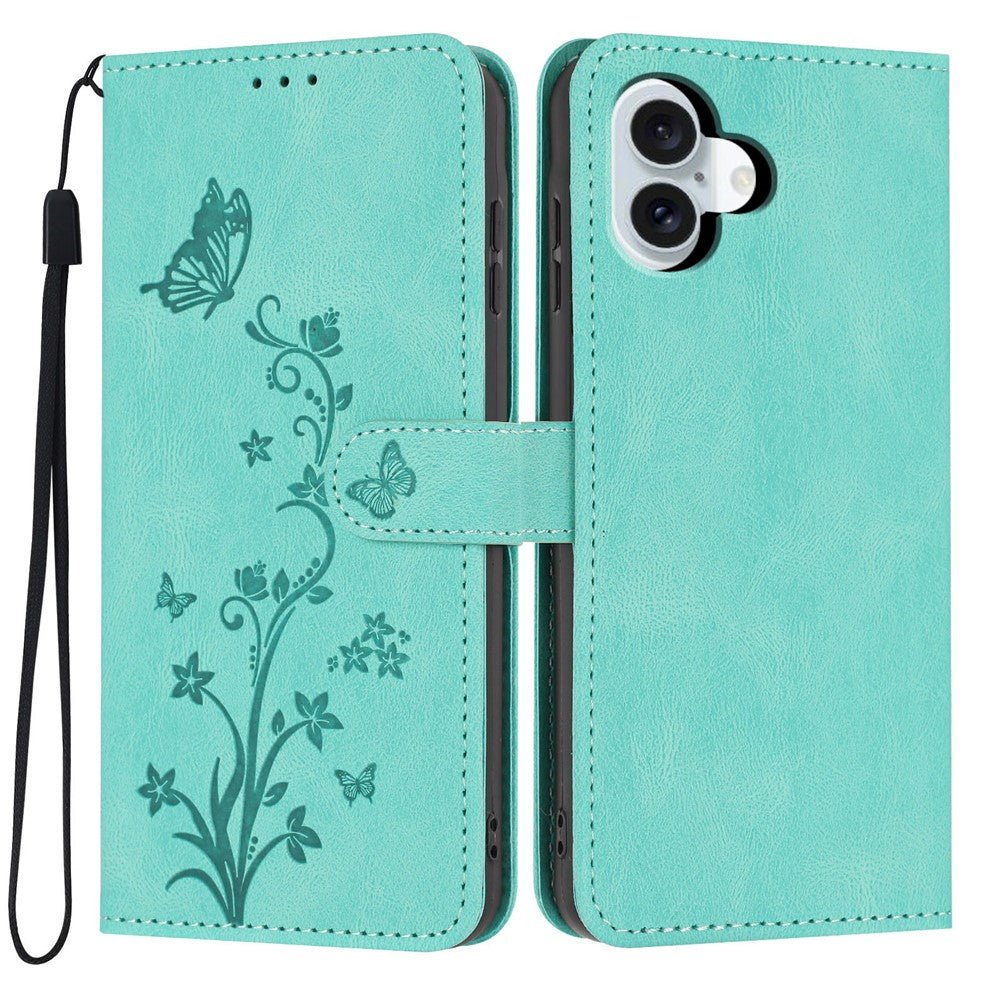 For iPhone 17 Wallet Case Butterfly Flower Imprint PU Leather Phone Cover with Wrist Strap