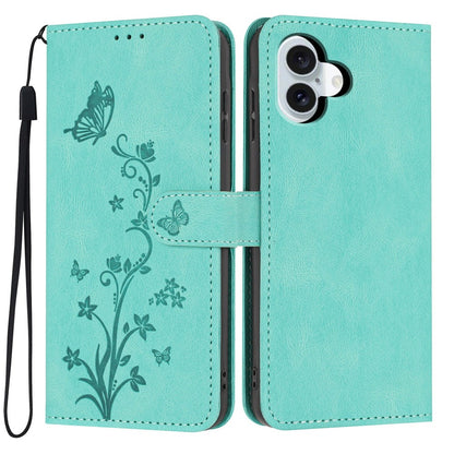 For iPhone 17 Wallet Case Butterfly Flower Imprint PU Leather Phone Cover with Wrist Strap