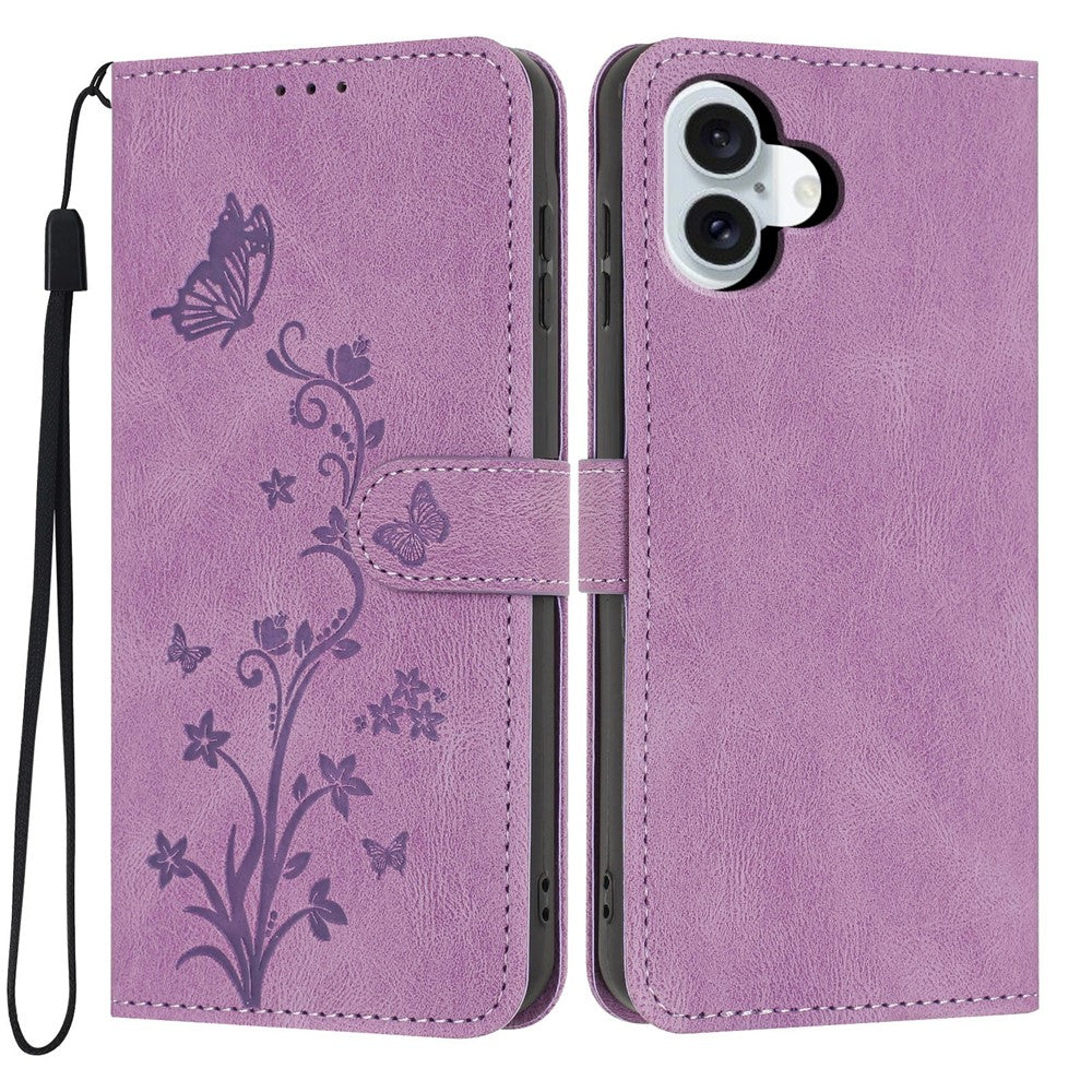 For iPhone 17 Wallet Case Butterfly Flower Imprint PU Leather Phone Cover with Wrist Strap