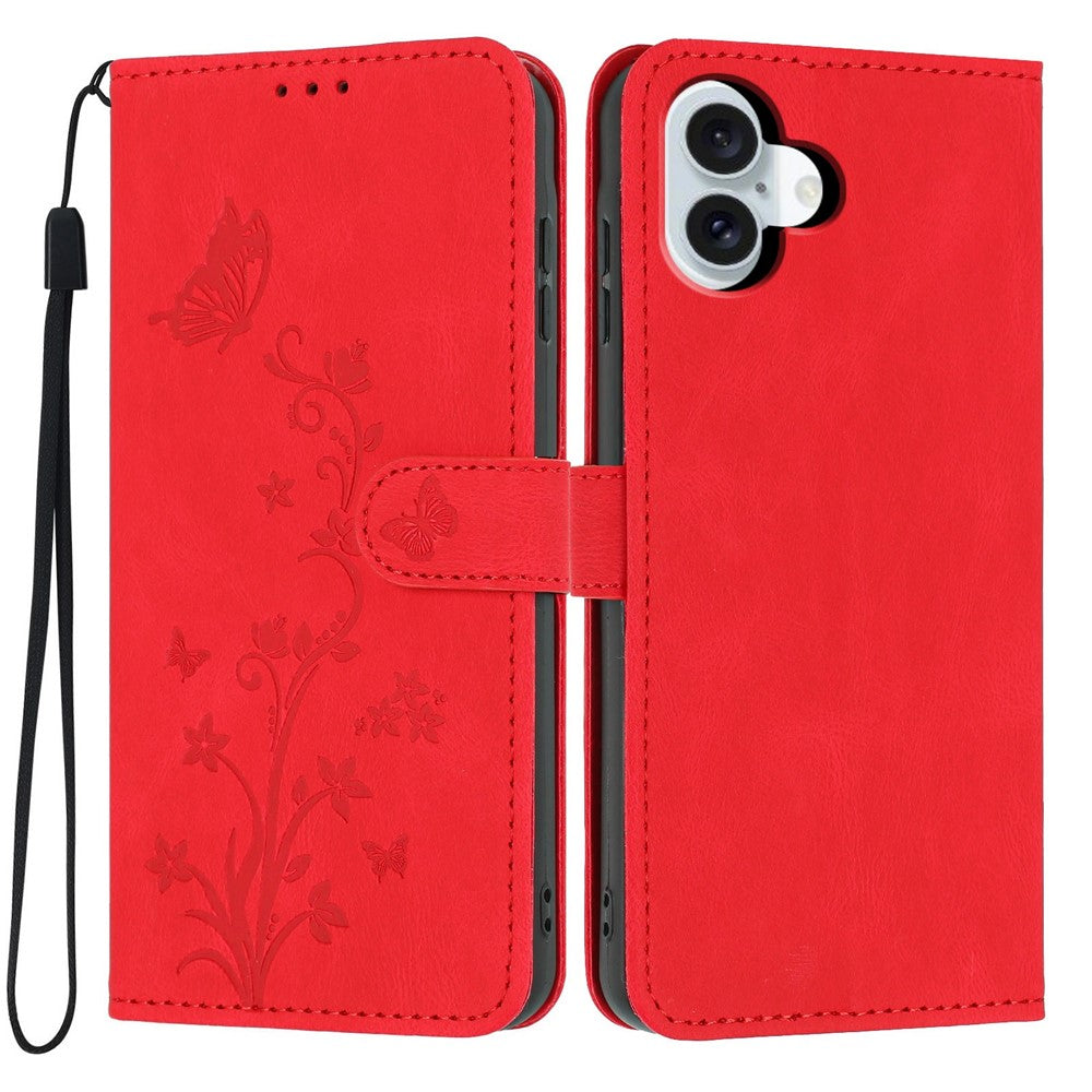 For iPhone 17 Wallet Case Butterfly Flower Imprint PU Leather Phone Cover with Wrist Strap