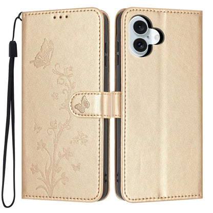 For iPhone 17 Wallet Case Butterfly Flower Imprint PU Leather Phone Cover with Wrist Strap