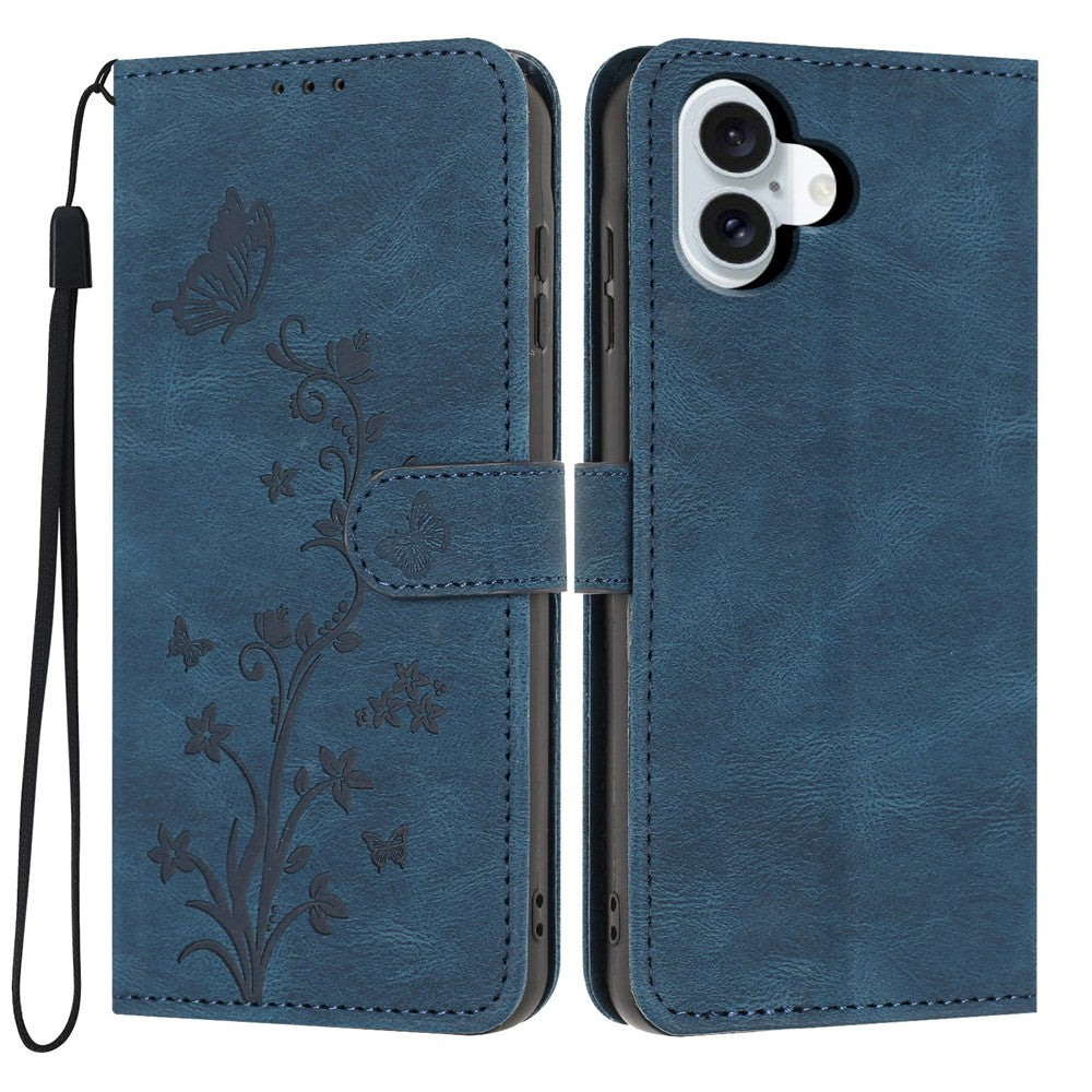 For iPhone 17 Wallet Case Butterfly Flower Imprint PU Leather Phone Cover with Wrist Strap