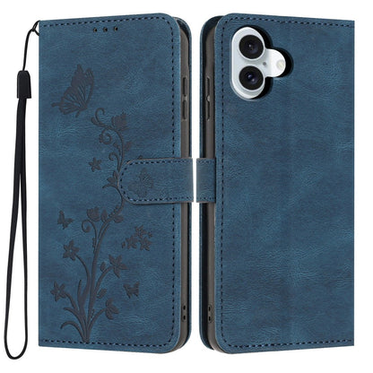 For iPhone 17 Wallet Case Butterfly Flower Imprint PU Leather Phone Cover with Wrist Strap