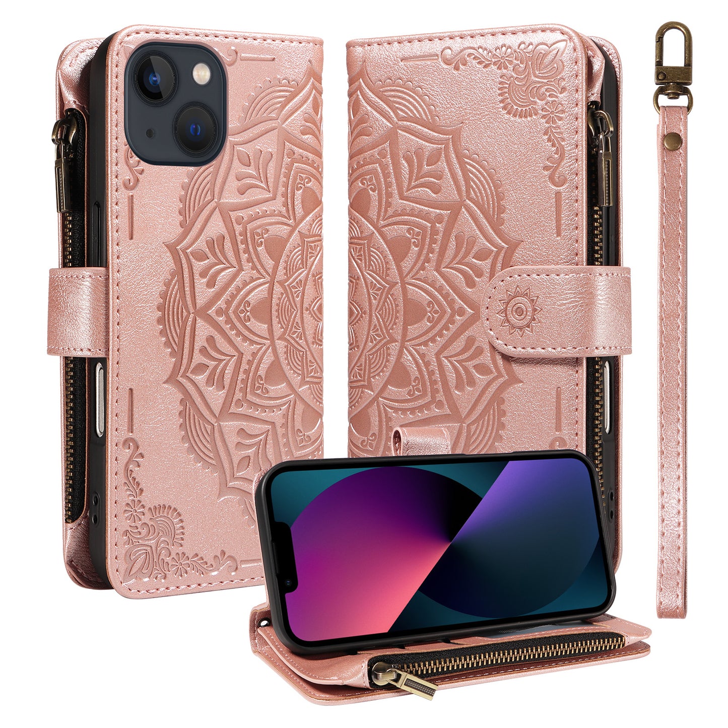 For iPhone 14 Wallet Case 9 Card Slots RFID Blocking Mandala Embossed Leather Flip Cover with Wrist Strap