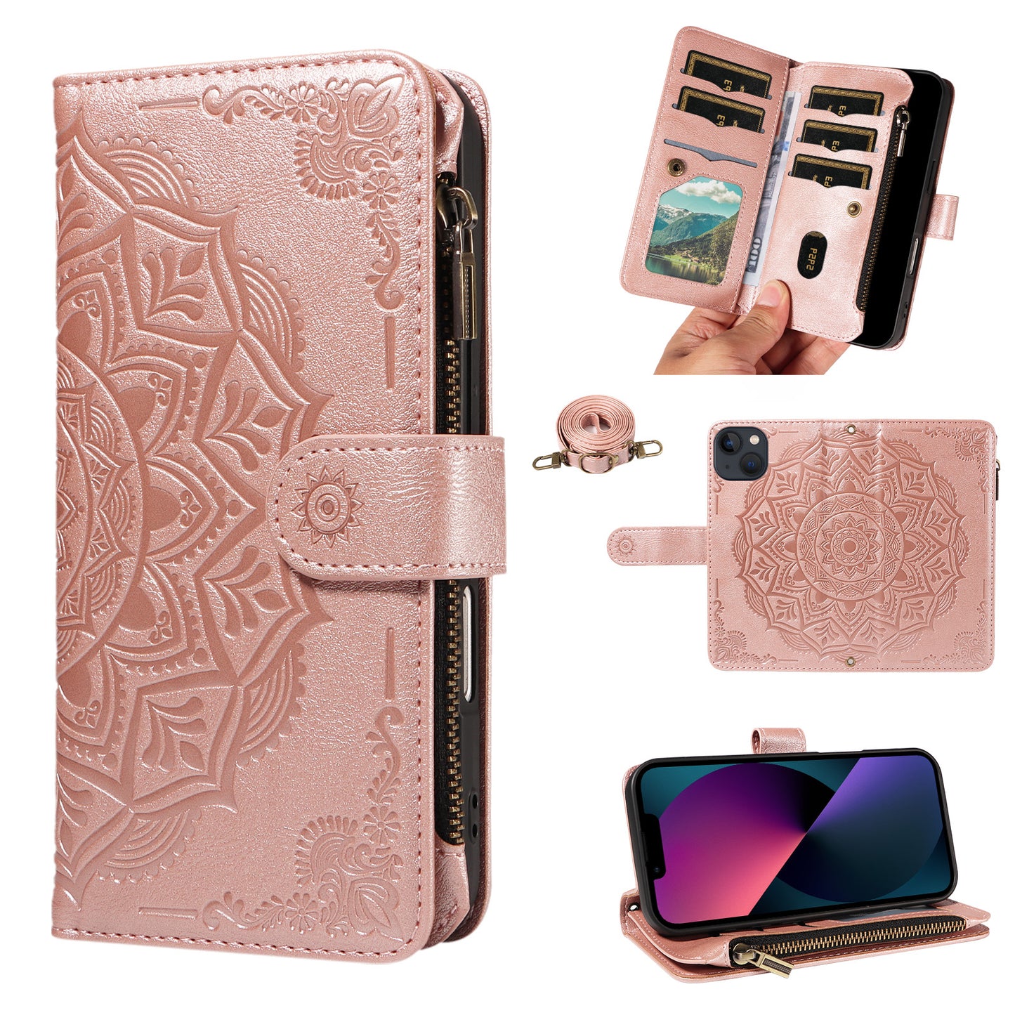 For iPhone 14 Wallet Case 9 Card Slots RFID Blocking Mandala Embossed Leather Flip Cover with Wrist Strap