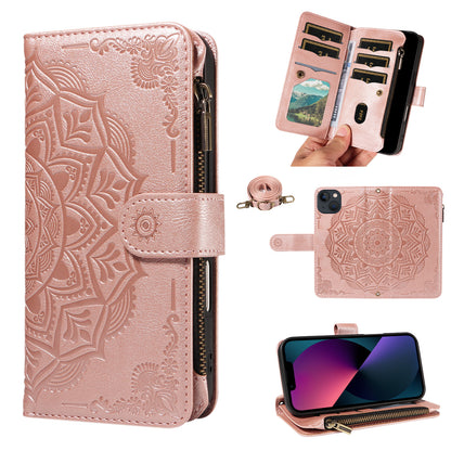 For iPhone 14 Wallet Case 9 Card Slots RFID Blocking Mandala Embossed Leather Flip Cover with Wrist Strap