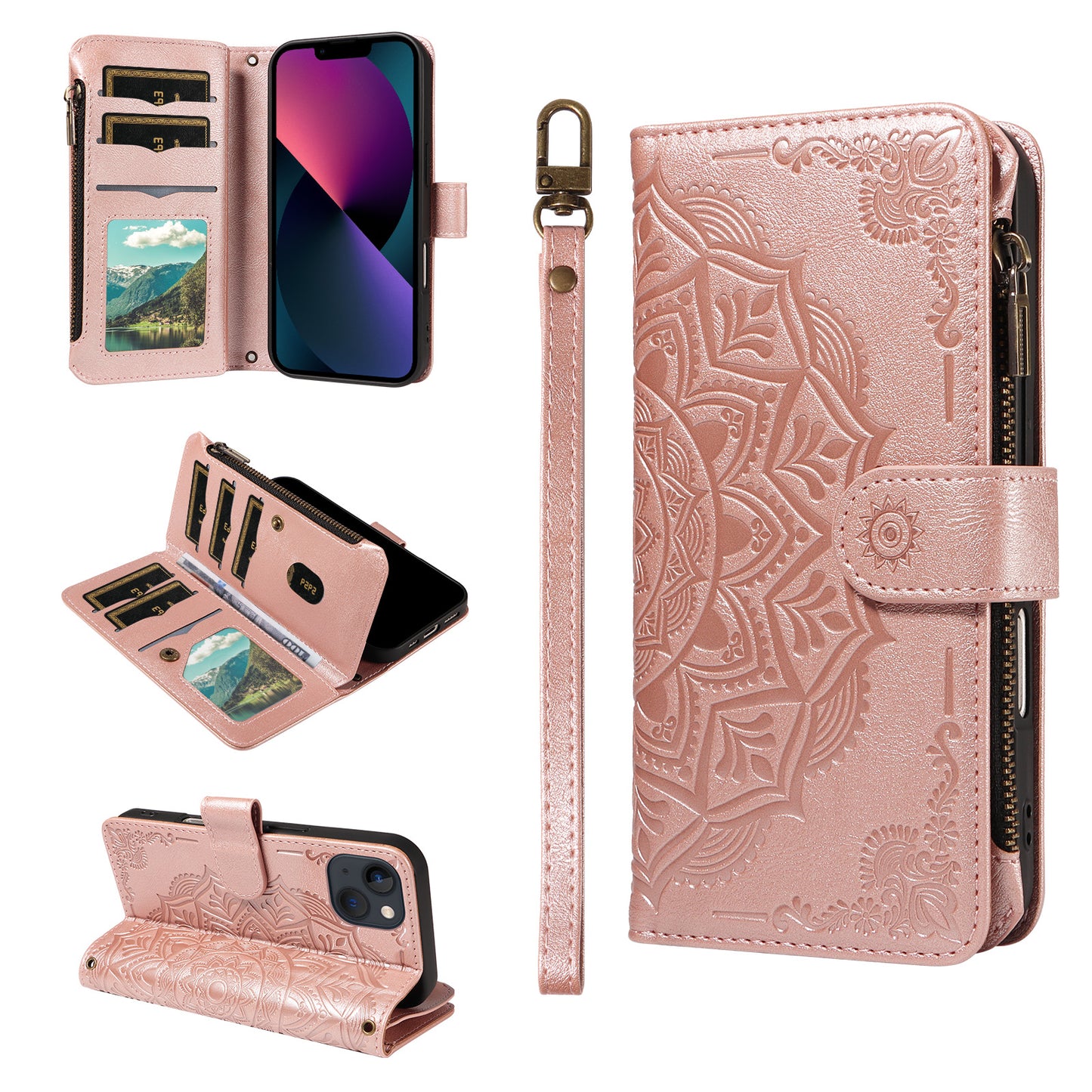 For iPhone 14 Wallet Case 9 Card Slots RFID Blocking Mandala Embossed Leather Flip Cover with Wrist Strap