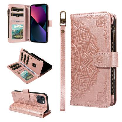 For iPhone 14 Wallet Case 9 Card Slots RFID Blocking Mandala Embossed Leather Flip Cover with Wrist Strap