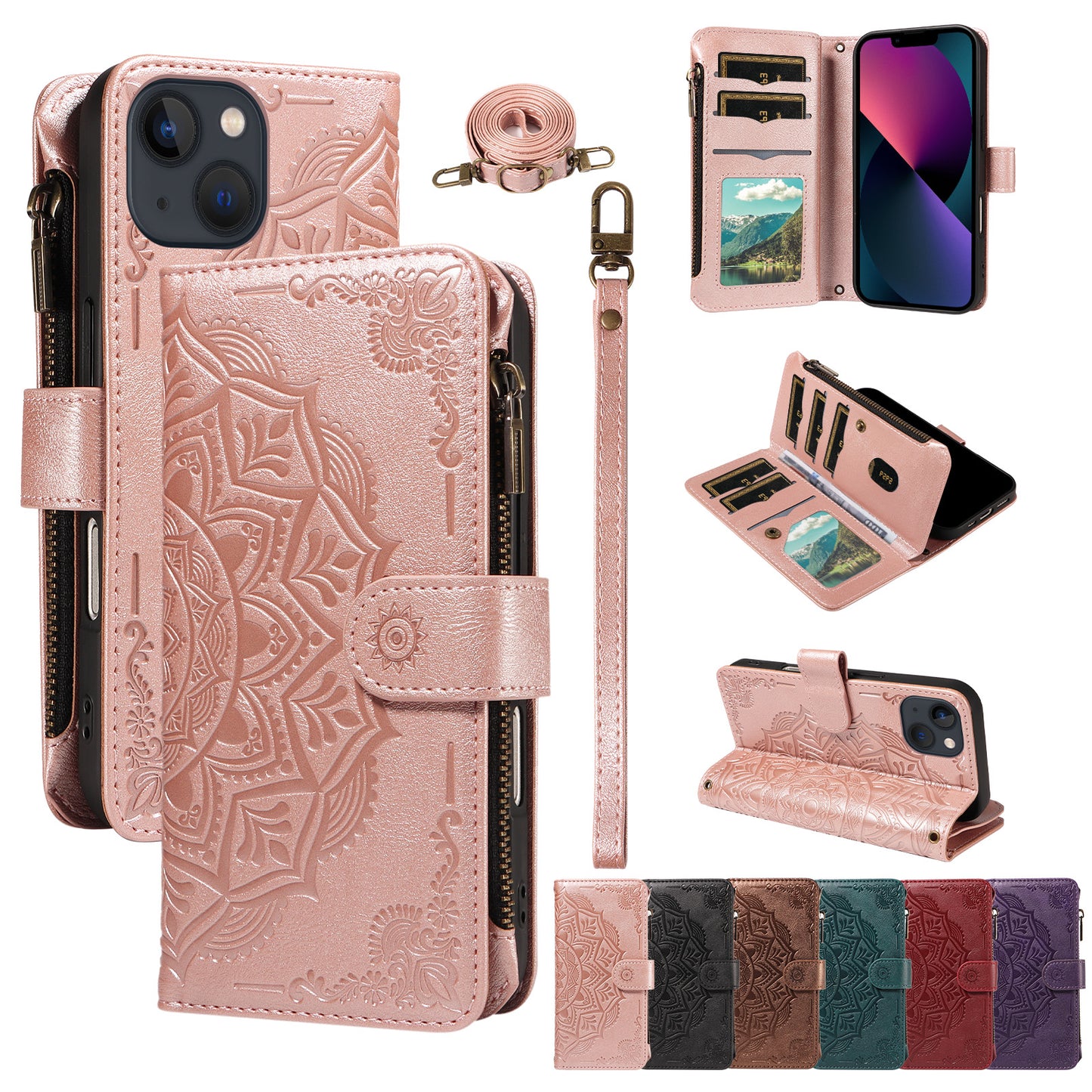 For iPhone 14 Wallet Case 9 Card Slots RFID Blocking Mandala Embossed Leather Flip Cover with Wrist Strap