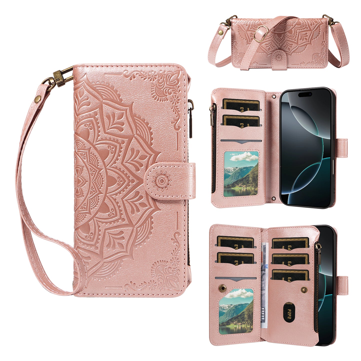 For iPhone 14 Wallet Case 9 Card Slots RFID Blocking Mandala Embossed Leather Flip Cover with Wrist Strap