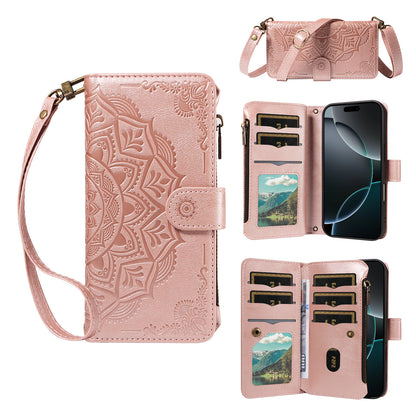 For iPhone 14 Wallet Case 9 Card Slots RFID Blocking Mandala Embossed Leather Flip Cover with Wrist Strap