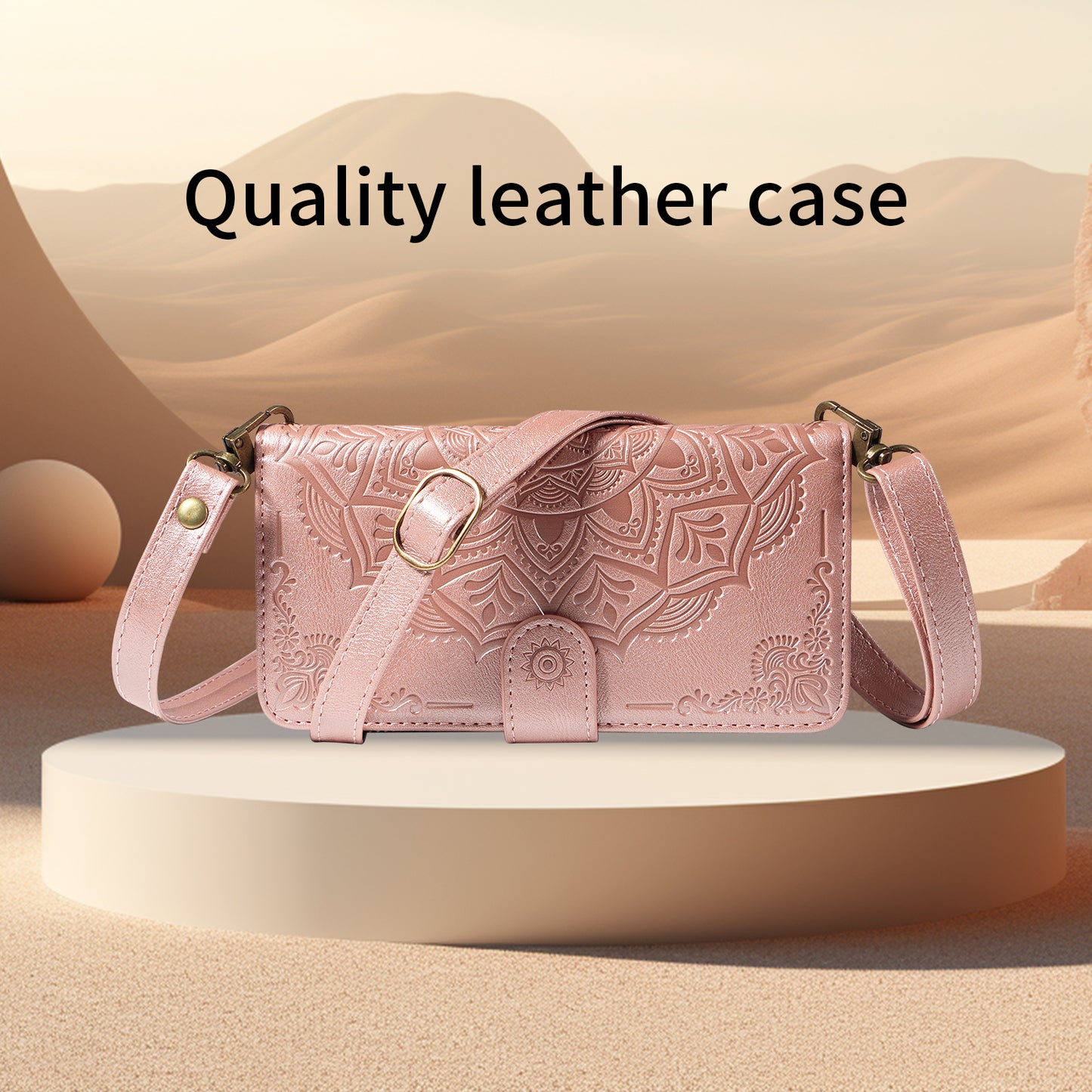 For iPhone 14 Wallet Case 9 Card Slots RFID Blocking Mandala Embossed Leather Flip Cover with Wrist Strap