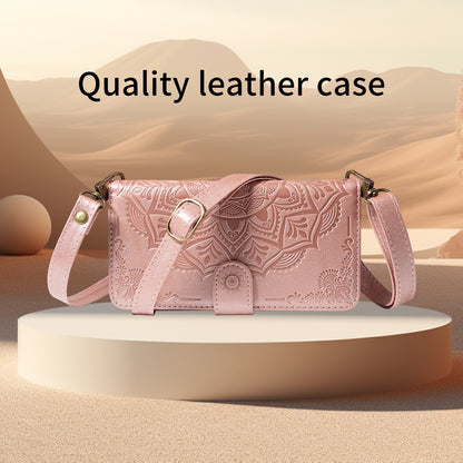 For iPhone 14 Wallet Case 9 Card Slots RFID Blocking Mandala Embossed Leather Flip Cover with Wrist Strap
