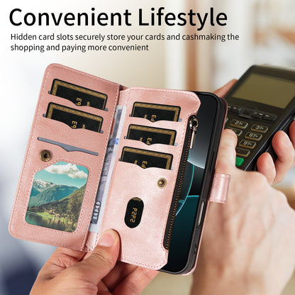 For iPhone 14 Wallet Case 9 Card Slots RFID Blocking Mandala Embossed Leather Flip Cover with Wrist Strap