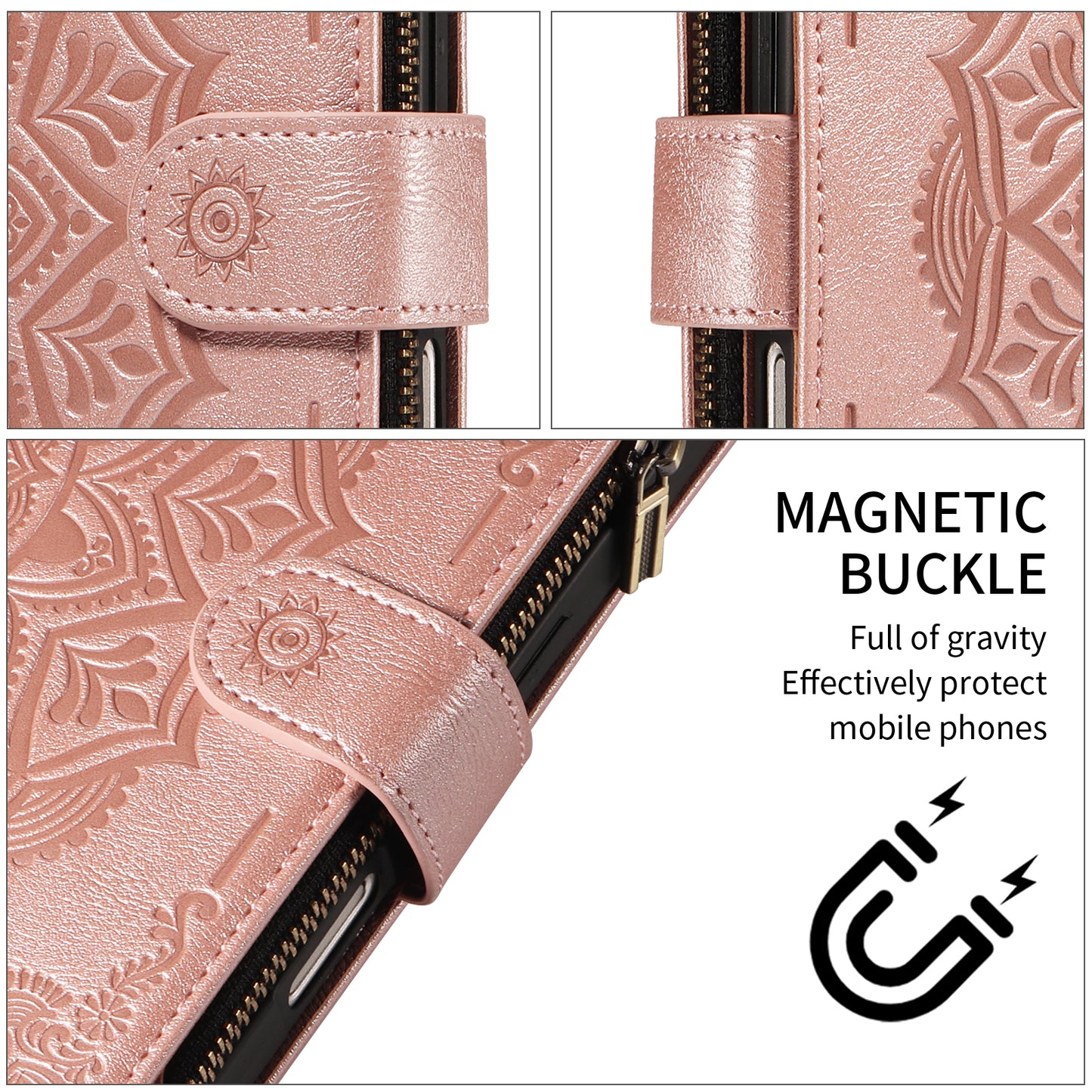 For iPhone 14 Wallet Case 9 Card Slots RFID Blocking Mandala Embossed Leather Flip Cover with Wrist Strap