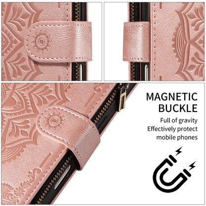 For iPhone 14 Wallet Case 9 Card Slots RFID Blocking Mandala Embossed Leather Flip Cover with Wrist Strap