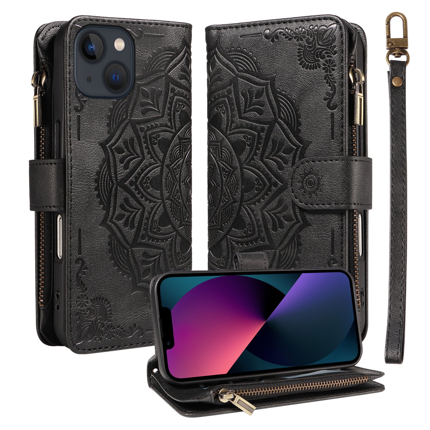 For iPhone 14 Wallet Case 9 Card Slots RFID Blocking Mandala Embossed Leather Flip Cover with Wrist Strap